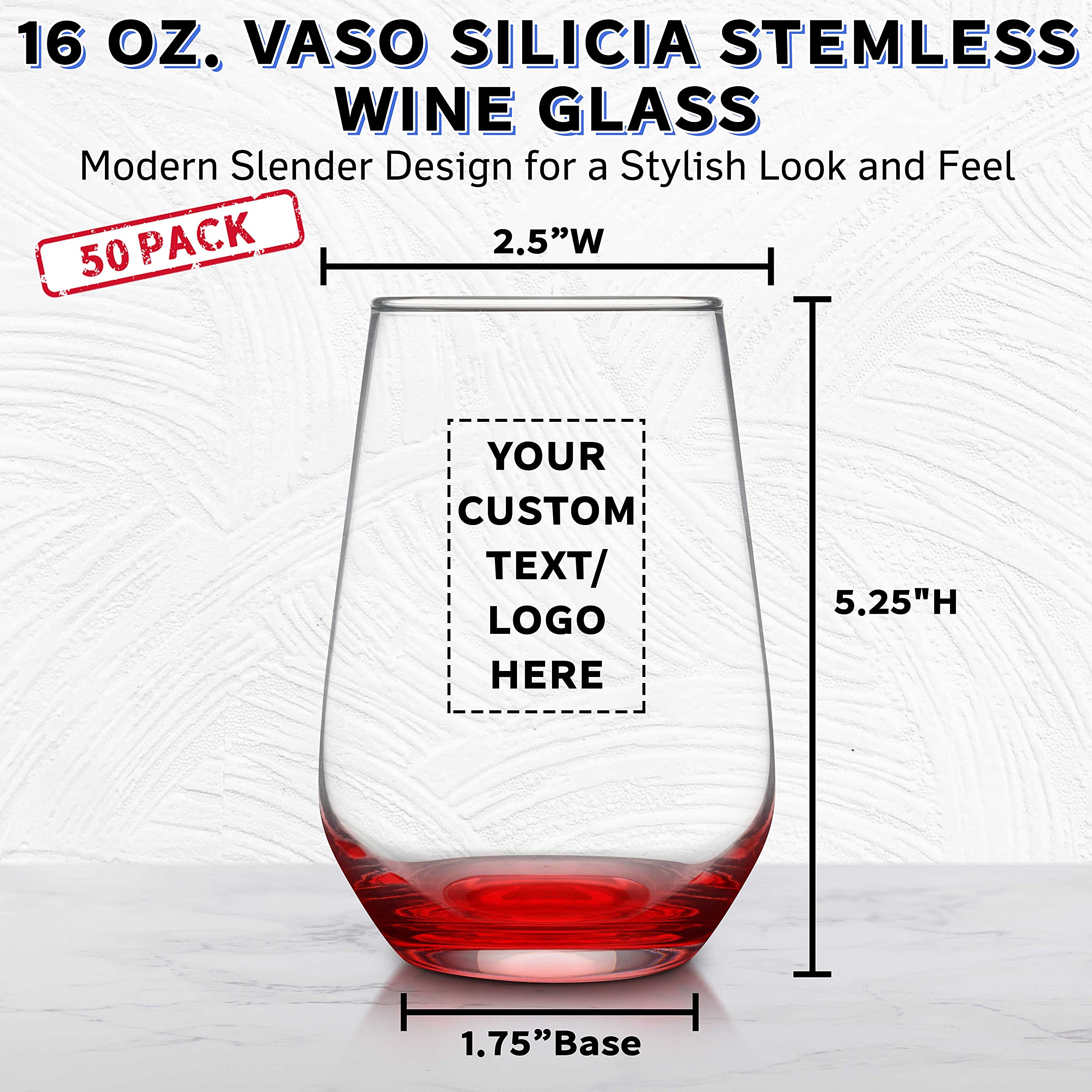 50 Pack Stemless Wine Glasses Set - 16oz Clear Orb-Like Silica Cups with Thick Base - Personalized Text/Logo Engraving - Perfect for Weddings, Parties & Corporate Events