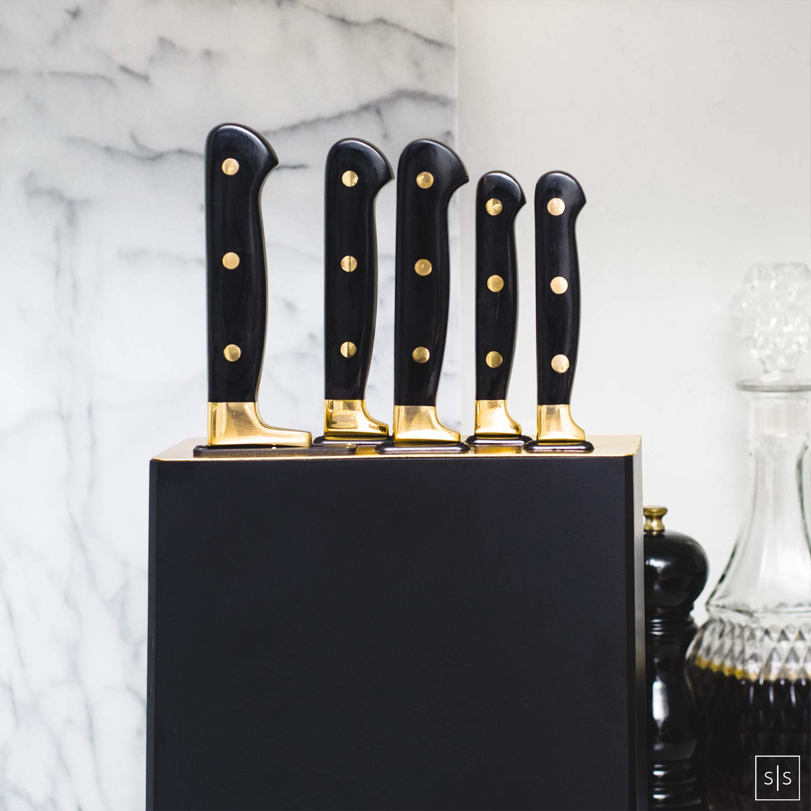 Premium 6-Piece Black & Gold Knife Set with Wooden Block & Sharpener - High-Quality Kitchen Knives for Professional Chefs & Home Cooking - Perfect for Meat Cutting, Vegetable Chopping & Gourmet Meal Prep