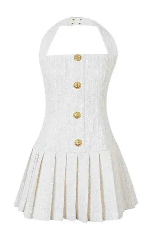 Christine Halterneck Tweed Mini Dress for Women - Elegant Vintage Style Party Cocktail Dress for Night Out, Date Night, and Special Occasions