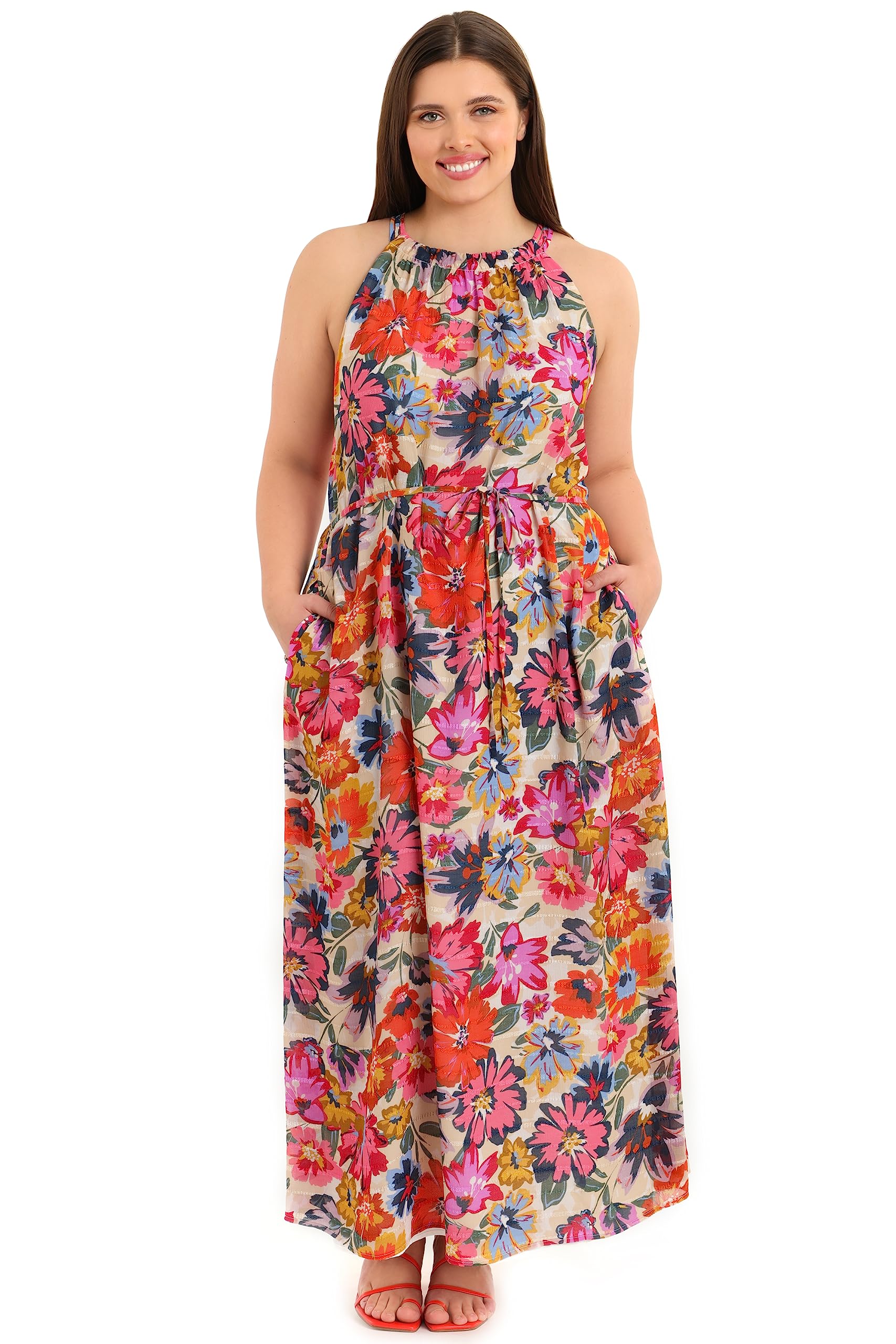Maggy London Floral Halter Maxi Dress with Waist Tie for Summer Beach