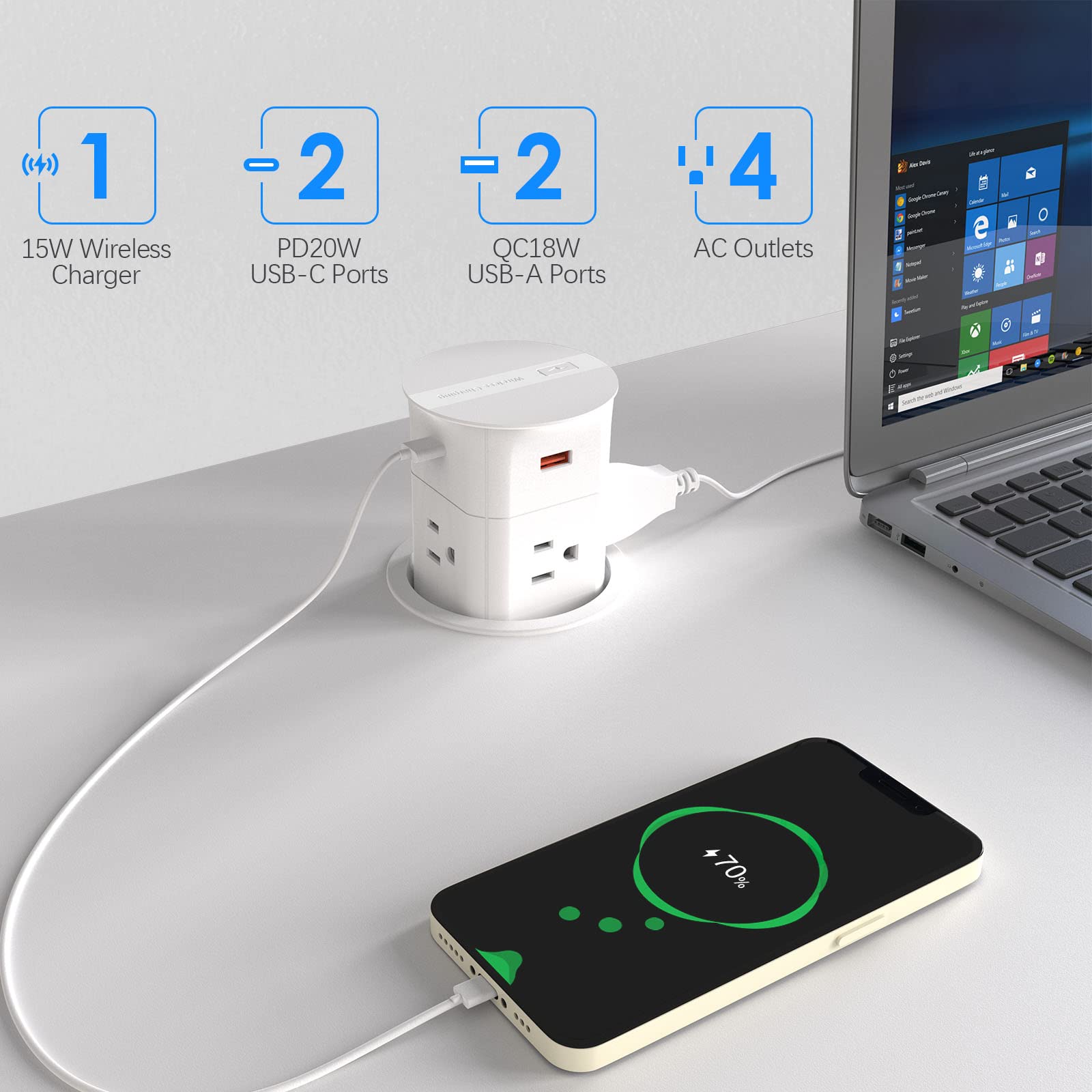 ANNQUAN 9-in-1 Pop Up Countertop Outlet with 4 AC Outlets, 20W USB-C PD Fast Charging, 15W Wireless Charger & QC3.0 USB-A Ports - White | For Kitchen Island, Home Office & Workspace Charging Station