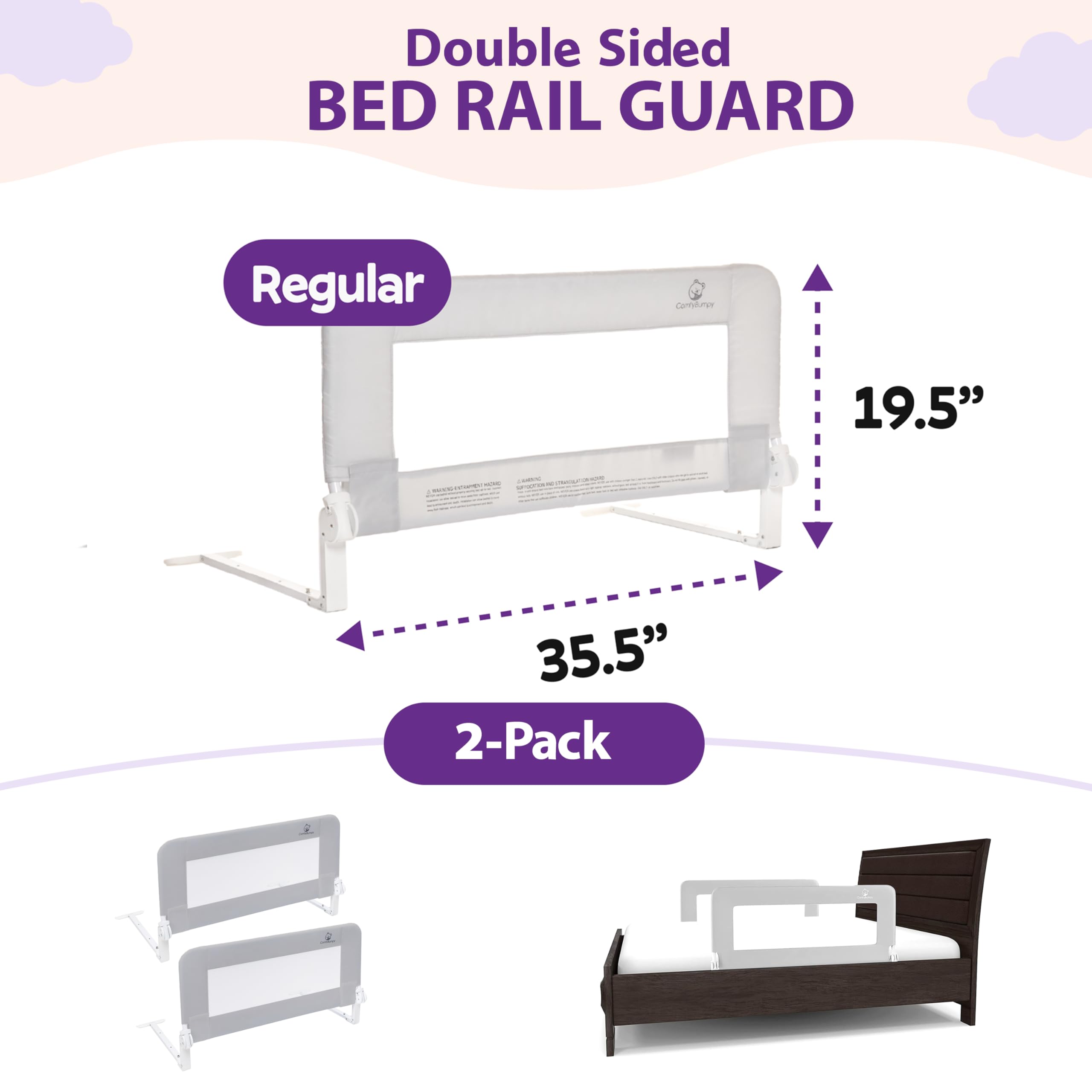 ComfyBumpy Adjustable Toddler Bed Rail Guard - Safety Bed Rails for Kids, Fits Twin, Full, Queen & King Size Beds | Swing Down Baby Bed Side Rail - Gray (35.5