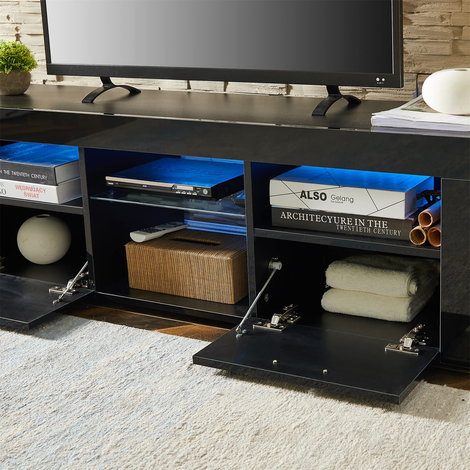 Bellemave 55 inch TV Stand with LED Lights - High Gloss Modern Entertainment Center & Media Console with Storage - Wood TV Cabinet for Living Room, Bedroom - Black