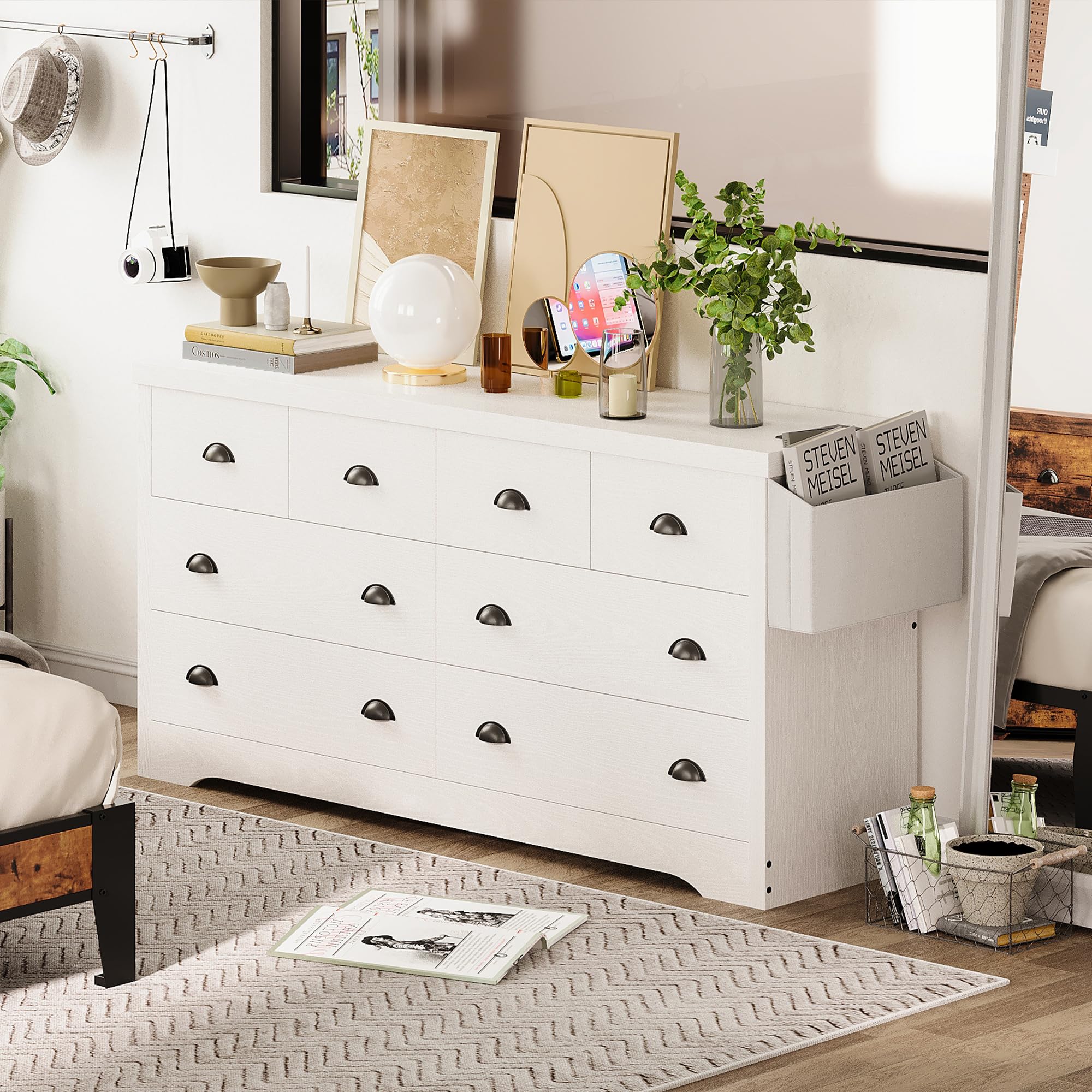 LIKIMIO 8-Drawer Modern Wood Dresser with USB Charging Station & Storage Bag - White Bedroom Chest for Clothes, Entryway Storage & Living Room Organization
