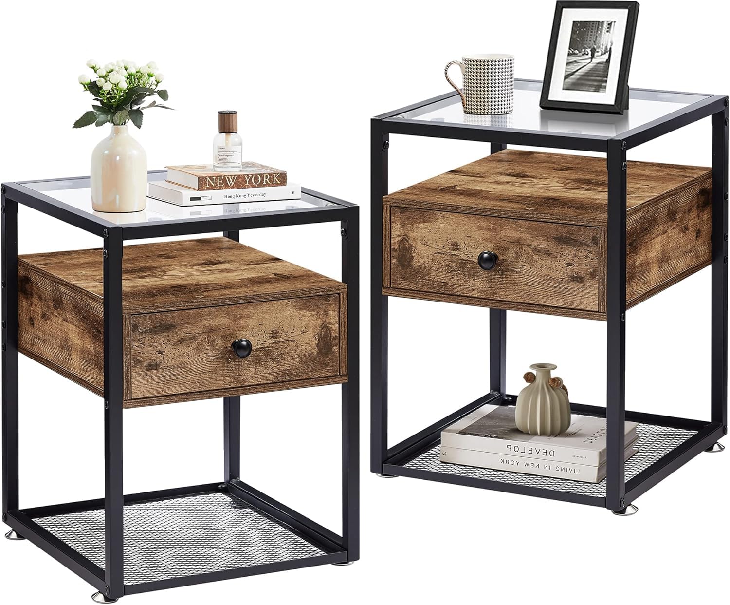 VECELO Set of 2 Nightstands with Glass Top, Drawer and Shelf - Modern End Tables for Bedroom, Living Room, Lounge - Brown Wooden Side Tables (Perfect for Small Spaces, Apartment Furniture & Home Decor)