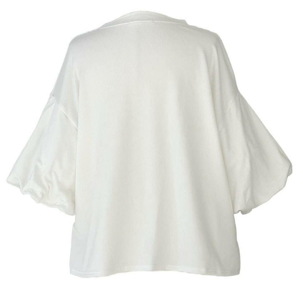 Stylish Ribbed Puffy Sleeve 3/4 Sleeve Blouse in Ivory | Women's Fashion Tops for Casual Wear & Office Outfits