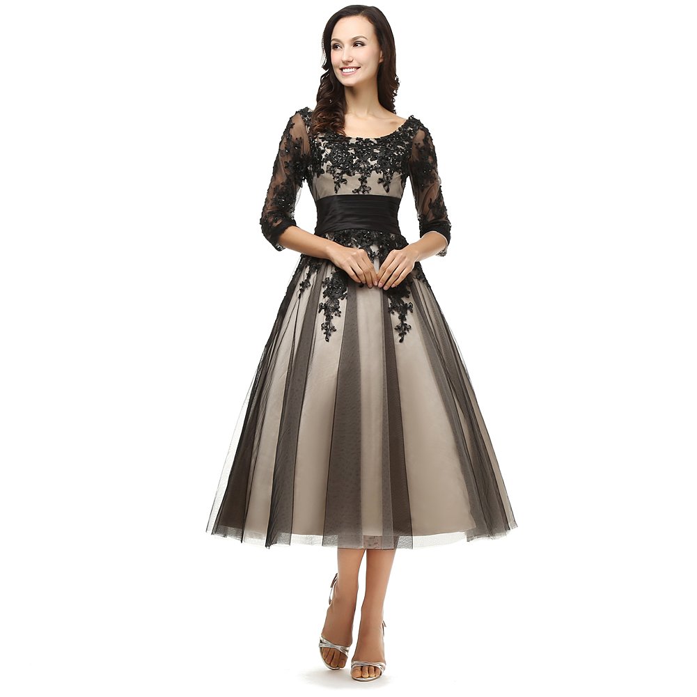 Kivary Women's Sheer Vintage Half Sleeve Champagne & Black Formal Dress for Mother of the Bride - Elegant Wedding Guest, Cocktail Party & Special Occasion Attire
