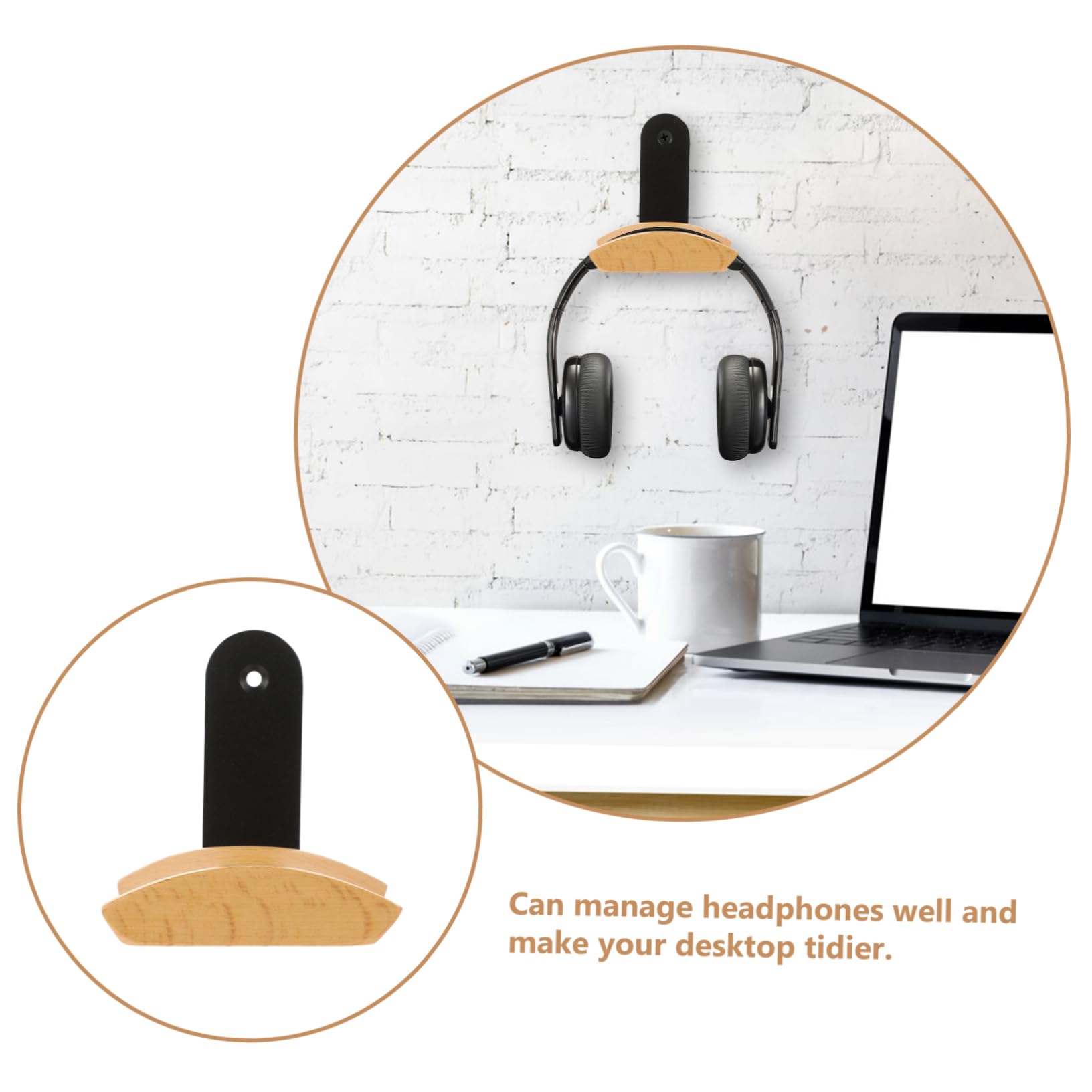 Veemoon Wooden Headphone Hanger Wall Mount - Earth Tone Headset Holder for Gaming, Office & Home Organization - Space Saving Headphone Stand for Desk, Bedroom & Workspace