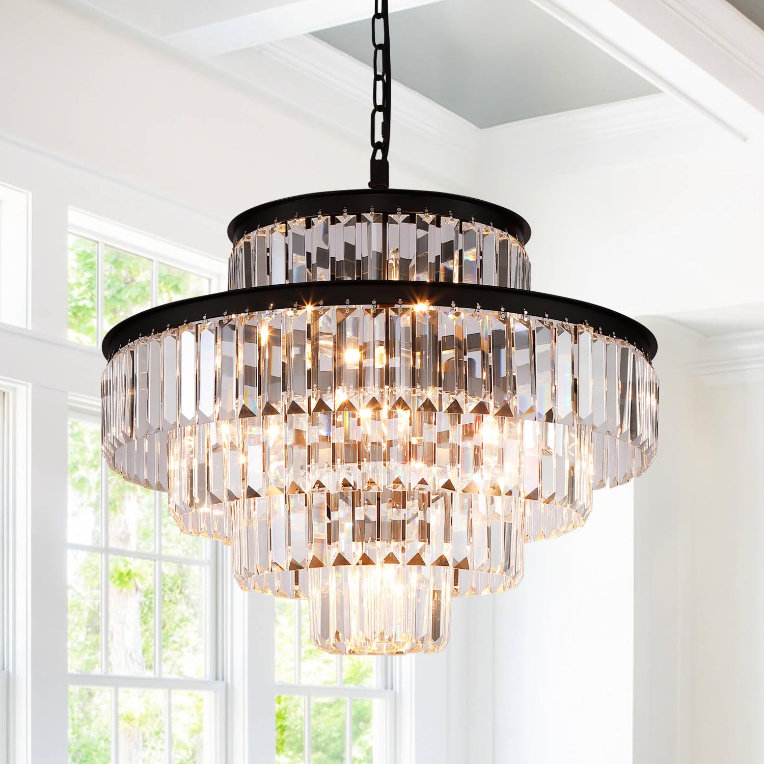 Modern Black Crystal Chandelier - 13-Light Pendant Ceiling Light Fixture (24 Inch Diameter) for Dining Room, Living Room, Foyer & Hallway - Elegant Lighting for Home Decor & Special Occasions