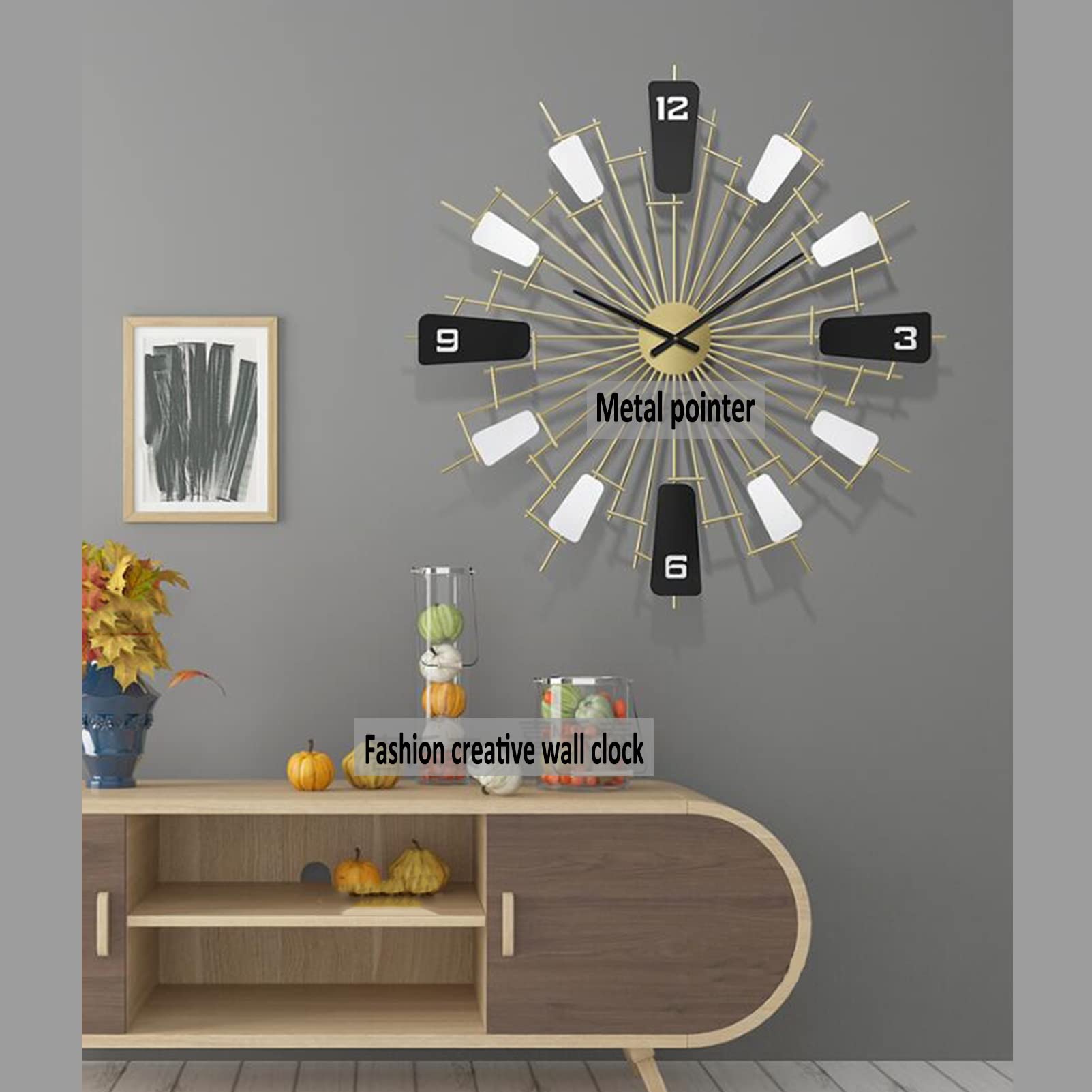 Modern Large Starburst Wall Clock - 26 Inch Silent Non-Ticking Metal Clock for Living Room, Kitchen & Bedroom Decor | Black & White Contemporary Design | Perfect for Home, Office and Cafe Wall Decor