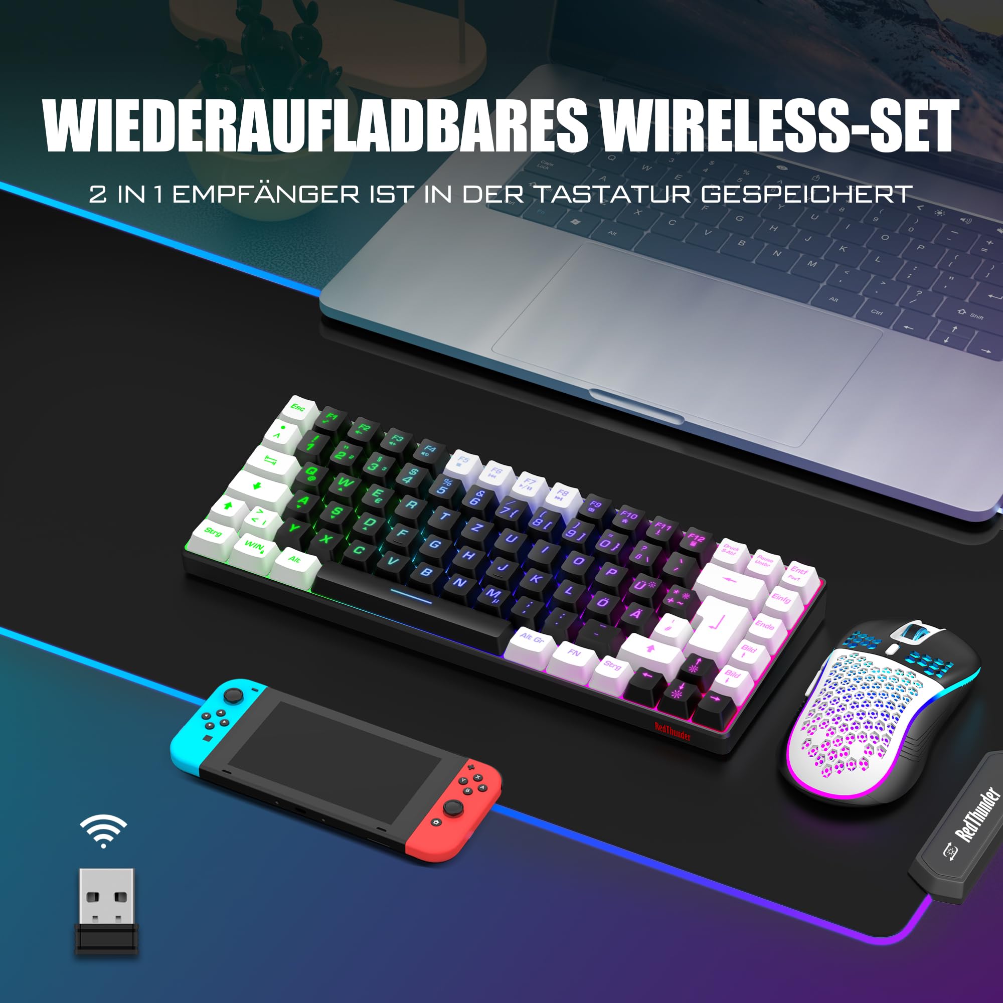 RedThunder K84 Wireless Gaming Keyboard and Mouse Set - QWERTZ DE Layout, Rechargeable, Compact & Ultra-Light Honeycomb Design for PC, Mac, PS5, Xbox - Perfect for Gaming, Office Work & Streaming (2024 Version)