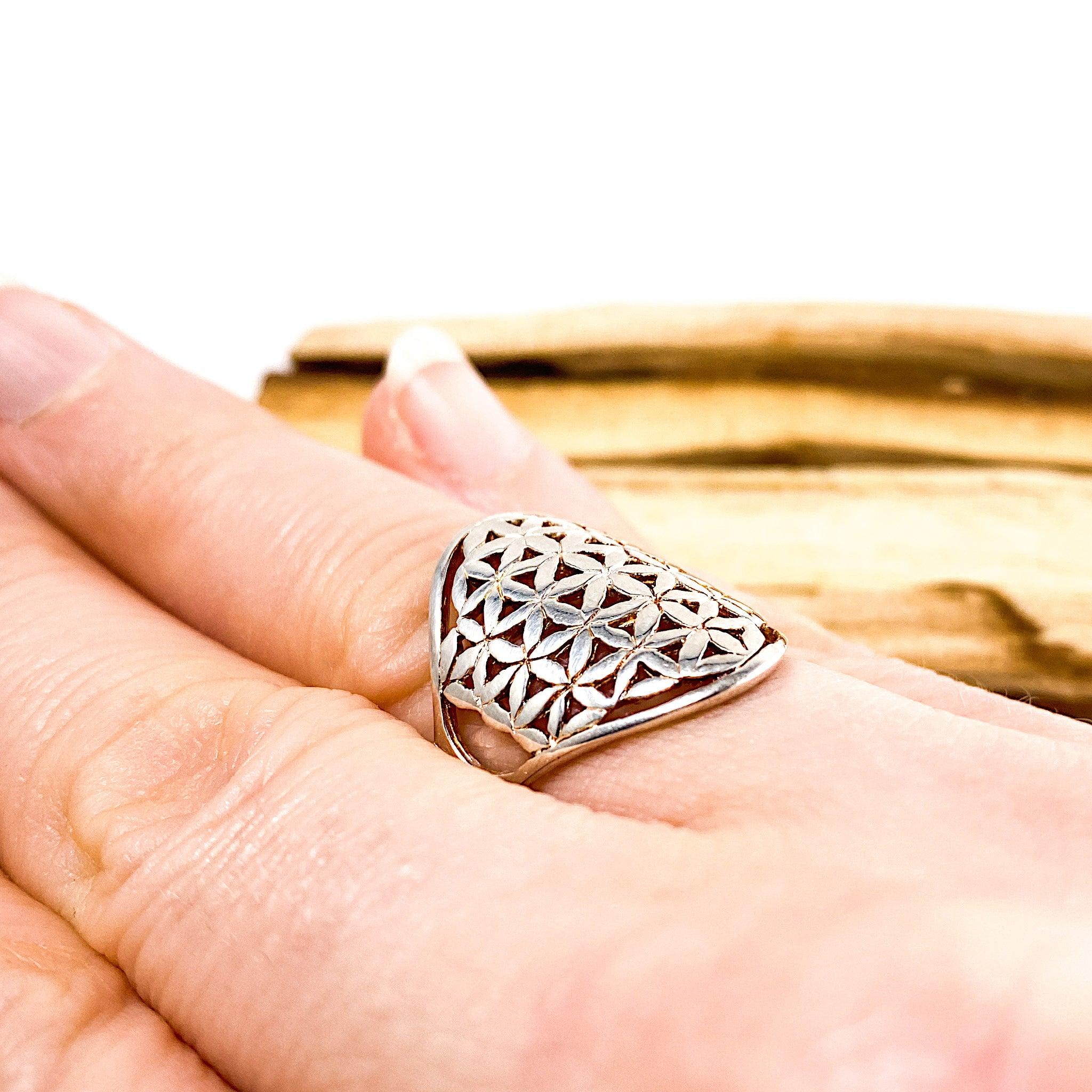 Sacred Geometry Flower of Life Sterling Silver Ring RG341 - Spiritual Jewelry for Meditation, Yoga & Energy Healing