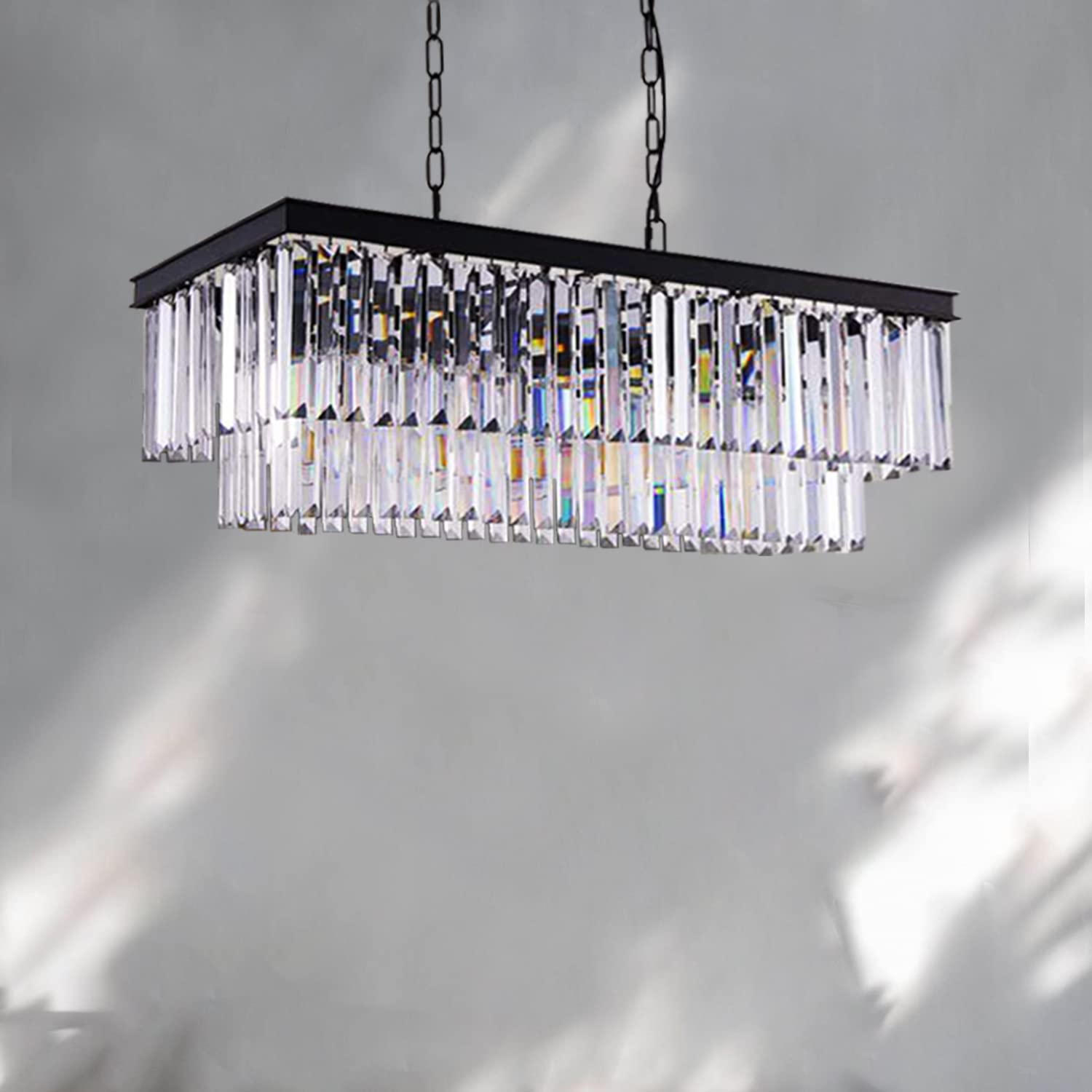 Modern Black Rectangle Crystal Chandelier - Contemporary Pendant Lighting Fixture for Dining Room, Living Room & Kitchen Island | Elegant Ceiling Hanging Lamp for Home Decor, Wedding Venues & Restaurants