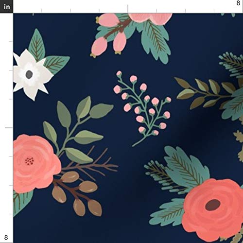Premium Spoonflower Chiffon Fabric by The Yard - Navy Floral Bouquet Coral Spring Pink Flower Print for Sewing Dresses, Fashion Apparel & Home Decor | Perfect for DIY Spring Dresses, Nursery Decor & Boho Home Accents