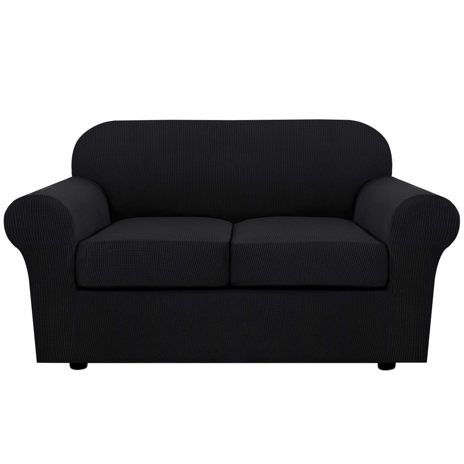 3-Piece Stretch Sofa Cover Set for 2-Cushion Loveseat - Thick Jacquard Fabric Slipcover with Base + 2 Seat Covers - Perfect for Living Room Furniture Protection (Medium Size, Black) | Home Decor Upgrade & Pet-Friendly Sofa Solution