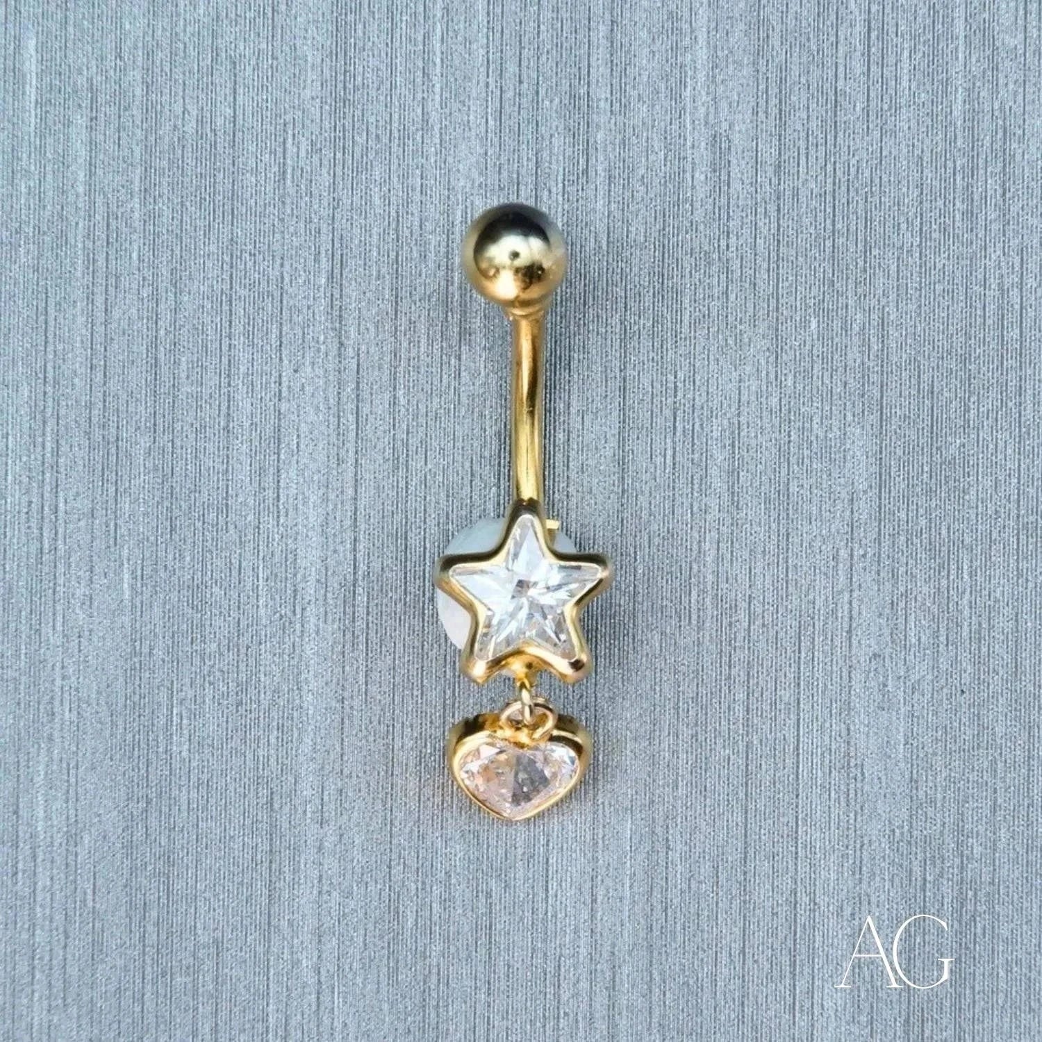 18K Gold Star and Heart Belly Button Ring - Elegant Navel Piercing Jewelry for Women, Perfect for Parties, Beach, and Everyday Wear