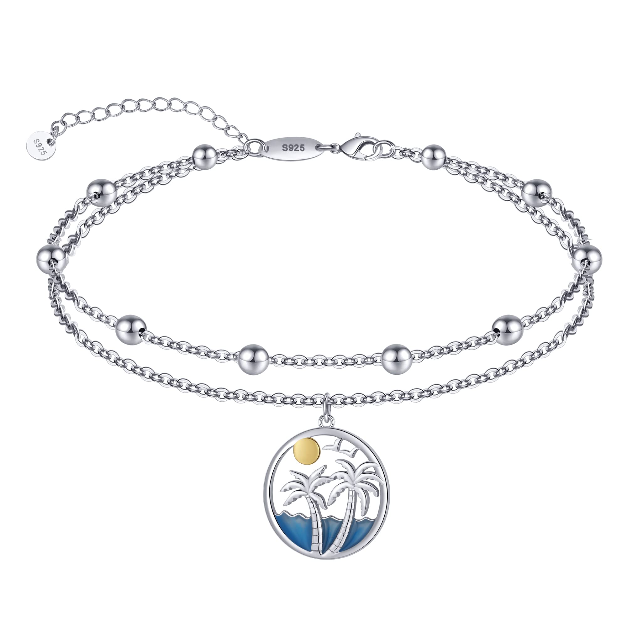 925 Sterling Silver Adjustable Palm Tree Ankle Bracelet for Women - Layered Beach Anklet with Flip Flop Charm - Perfect for Vacation, Mother's Day Gift & Summer Jewelry