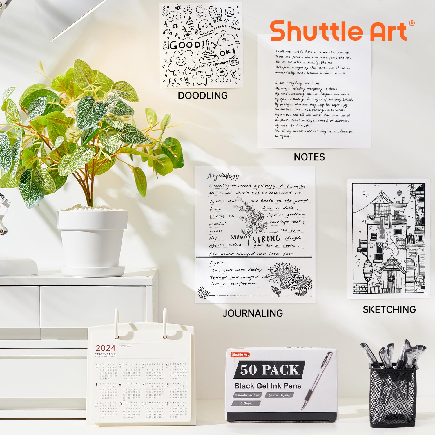 Shuttle Art Black Gel Pens - 50 Pack Fine Point 0.5mm Rollerball Pens with Smooth Writing & Comfort Grip - Bulk Office, School & Home Supplies - Perfect for Note Taking, Journaling & Art Projects
