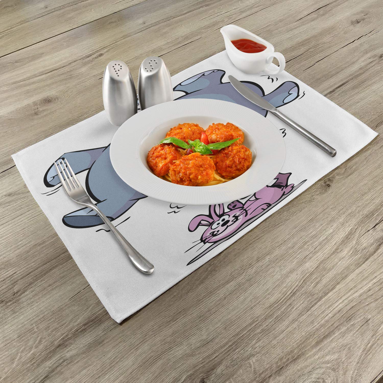Ambesonne 4-Pack Elephant Place Mats Set - Funny Rabbit Balancing Big Elephant Cartoon Design, Washable Fabric Table Mats for Dining Room & Kitchen Decor in Grey, Pink & White - Perfect for Parties, Circus Themes & Animal Lovers' Home Decor