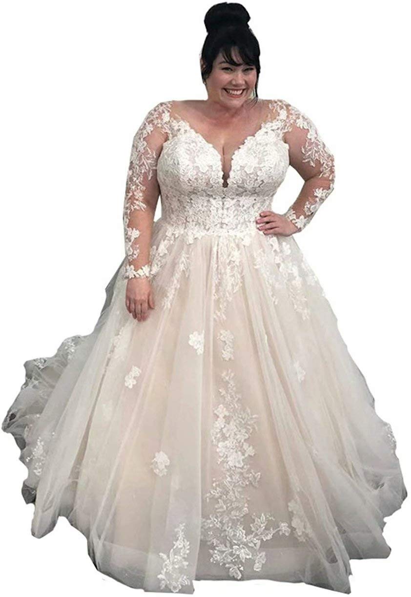 HellodayZ Plus Size Wedding Dress for Women – Elegant Long Sleeve Lace Applique Bridal Gown | Perfect for Church, Beach & Formal Weddings