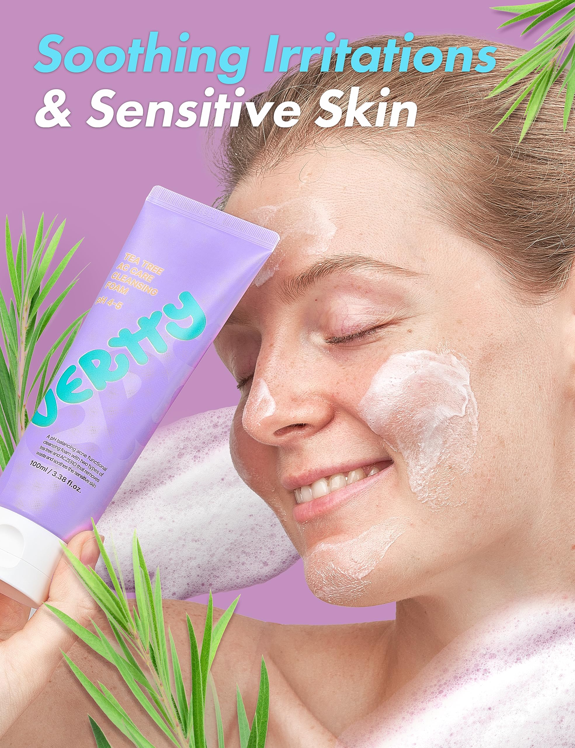 Vertty Tea Tree Vegan Cleansing Foam - Oil Control Face Wash with Hydro Boost for Sensitive Skin | Exfoliating, Moisturizing & Hydrating Daily Cleanser | Gentle Formula for Teens & Kids Skincare Routine (3.38oz) | Perfect for Morning & Nighttime Face Cleansing