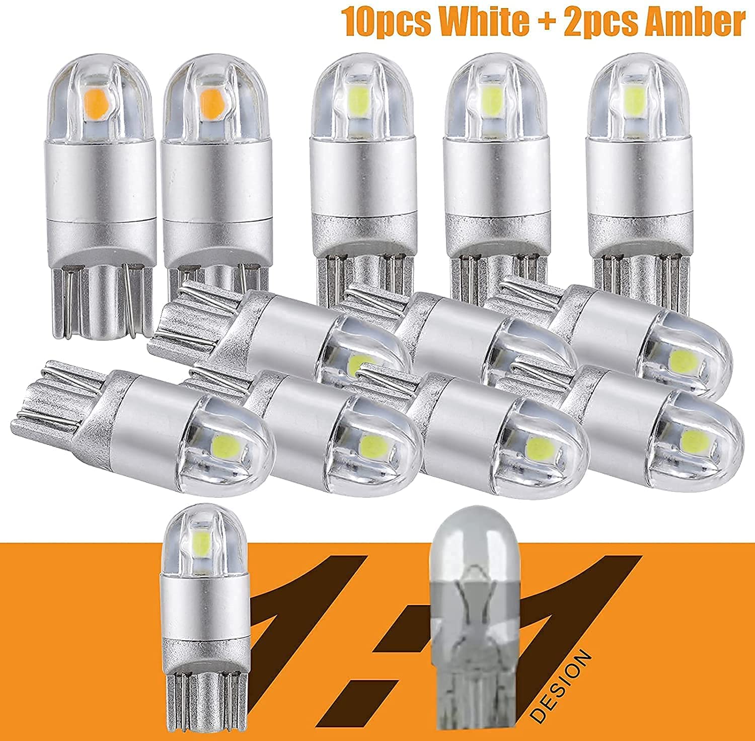 Auxbeam 194 LED Bulb - 10pcs White & 2pcs Amber/Yellow T10 W5W 168 2825 LED Bulbs Replacement with 3030 Chipsets - Perfect for License Plate Lights, Side Marker Lights, Map Lights, Door Courtesy Lights, Dashboard & Reading Lights - Bright & Energy Efficient Car Interior Lighting Upgrade