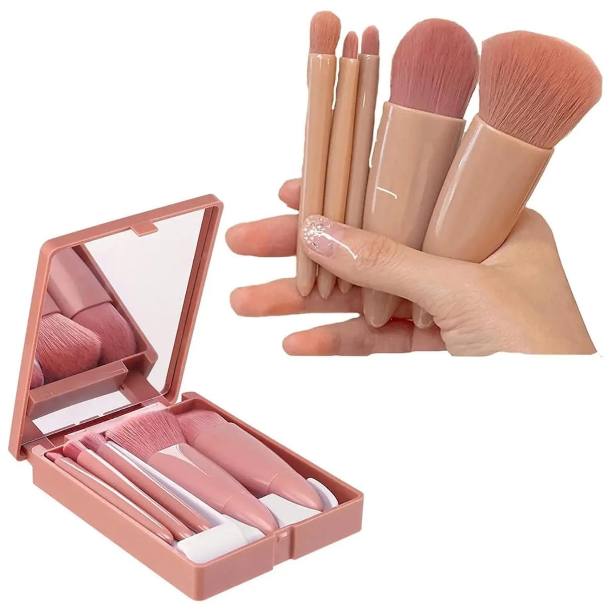 CEUTA 5-Piece Travel Size Makeup Brush Set with Hard Case & Mirror - Mini Cosmetic Brushes for Women, Perfect Travel Essential & Gift for Girls (Multi Color) - Ideal for On-the-Go Makeup, Traveling, and Quick Touch-Ups