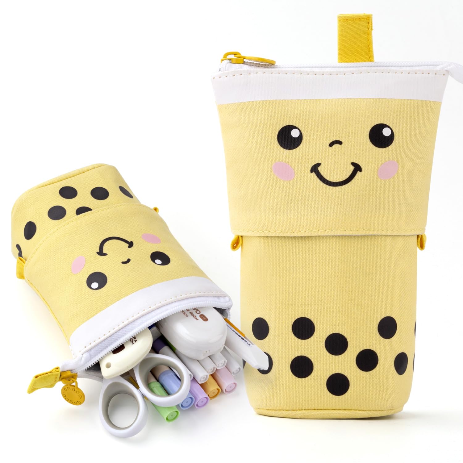 ANGOOBABY Cute Pencil Case & Makeup Bag - Pop Up Cosmetic Organizer with Kawaii Smile Face, Telescopic Design for Pens, Stationery & Beauty Products - Perfect for School, Office & Travel (Yellow)