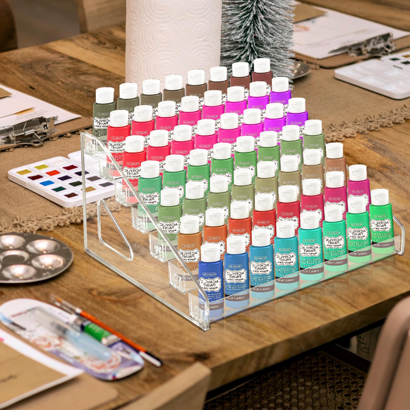 Vowcarol 7-Tier Clear Paint Organizer - Miniature Paint Storage Rack for Acrylic & Craft Paints - Compact Paint Holder for Artists, Hobbyists & DIY Projects - Perfect for Art Studios, Craft Rooms & Workspaces