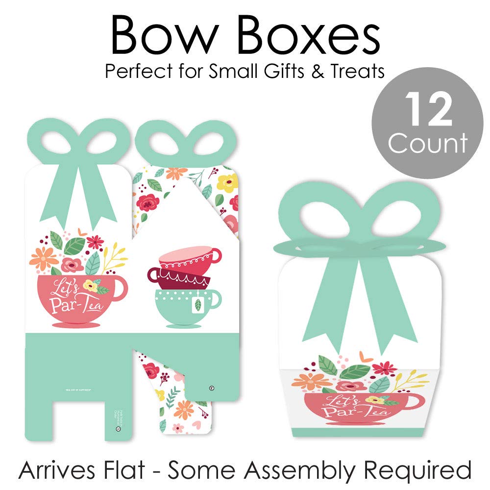 Big Dot of Happiness Floral Let’s Par-Tea Square Favor Gift Boxes - Set of 12 Elegant Garden Tea Party Bow Boxes for Bridal Showers, Baby Showers & Birthday Celebrations