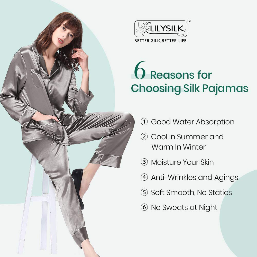 LilySilk Women's Long Silk Pajama Set - V-Neck Notched Collar with White Trim - Luxury Sleepwear for Women - Perfect for Relaxing at Home, Spa Nights & Gift Giving