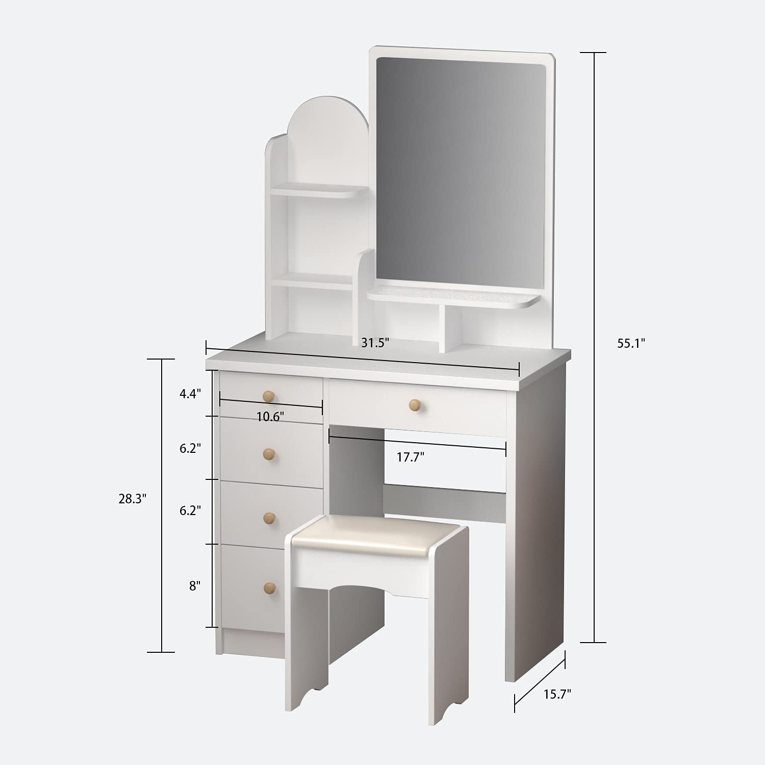 White Vanity Desk Set with Mirror & Stool - 5 Drawers for Bedroom Makeup