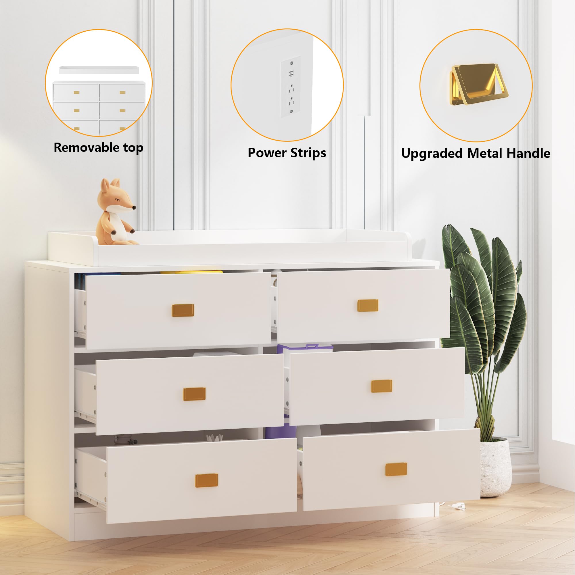 White 6-Drawer Nursery Dresser with Changing Table Top, Power Outlets & Removable Pad - Baby Changing Station for Bedroom & Nursery Organization - Perfect for Diaper Changes, Storage & Nursery Decor