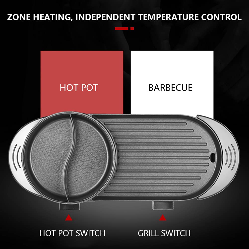 2 in 1 Portable Electric Hot Pot with Grill & Soup Pot - 1100W 110V Non-Stick Teppanyaki Grill for Indoor BBQ, Camping & Dorm Cooking - Multifunctional Electric Barbecue Grill for Hot Pot, Shabu Shabu & Korean BBQ