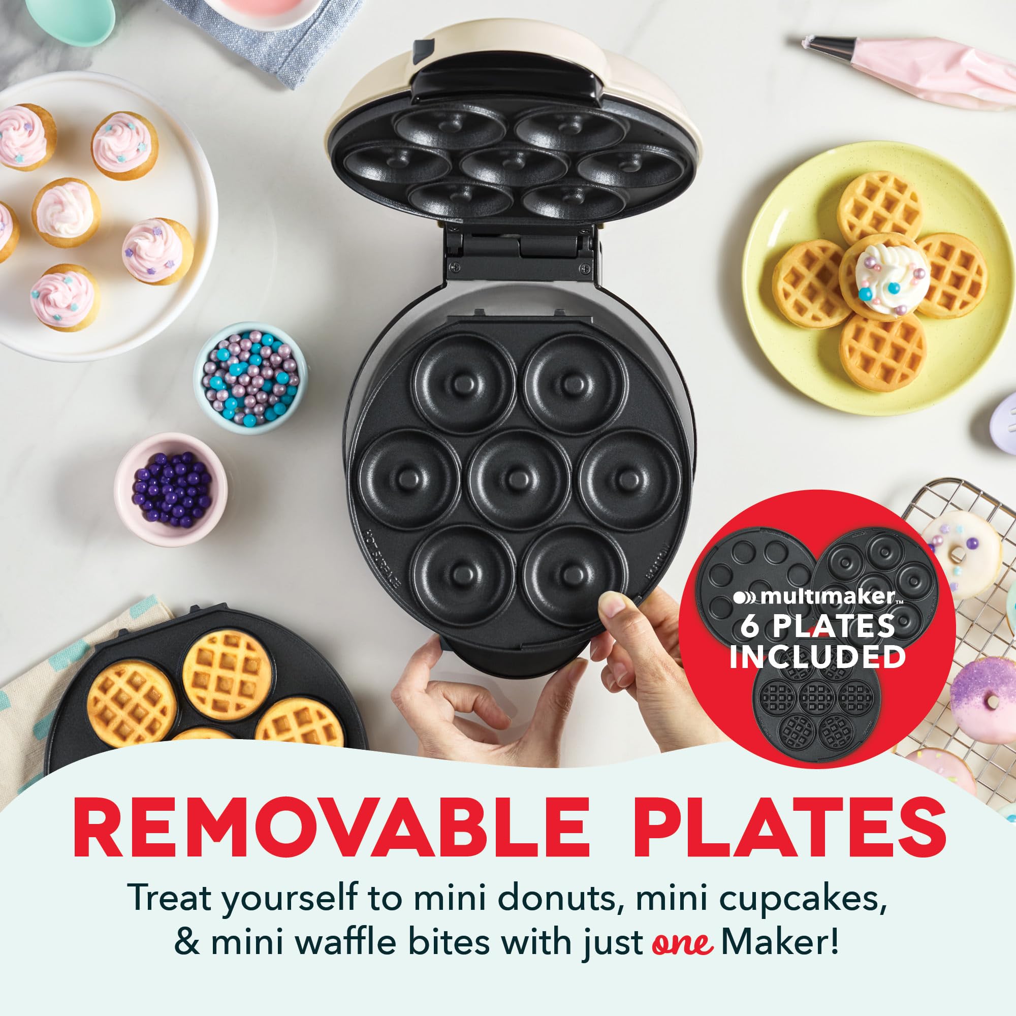 DASH MultiMaker Treat Maker System for Mini Donuts, Waffle Bites & Mini Cupcakes - Cream Color | Perfect for Kids' Snacks, Party Treats & Family Breakfast