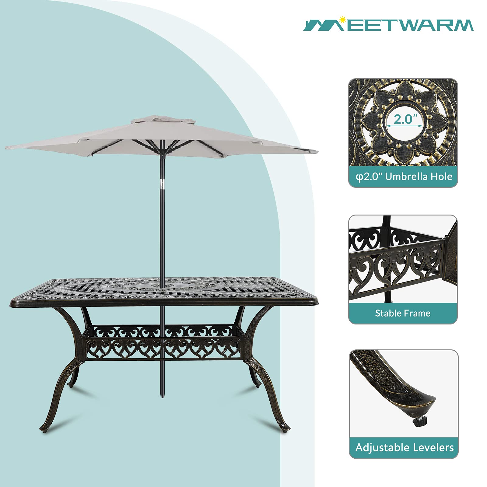 MEETWARM 60-Inch Outdoor Rectangular Dining Table - All-Weather Cast Aluminum Patio Furniture with 2-Inch Umbrella Hole in Dark Bronze - Perfect for Backyard BBQs, Poolside Gatherings & Garden Dining