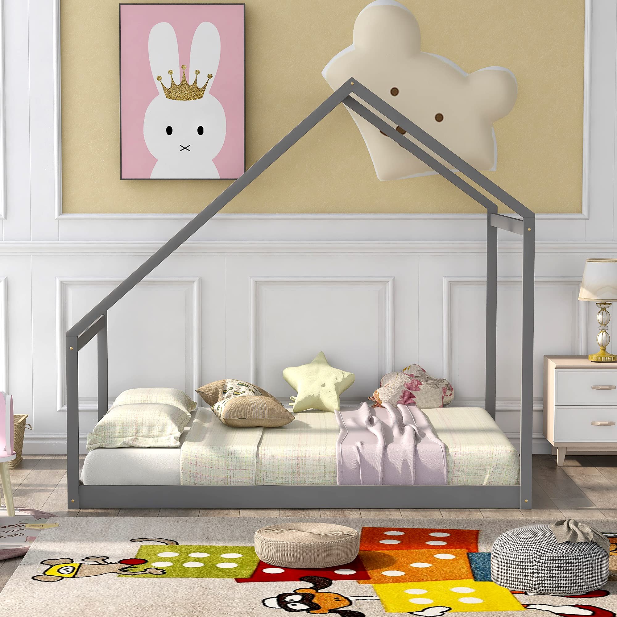 Wooden House Bed for Kids - Full Size Gray Frame for Bedroom Decor