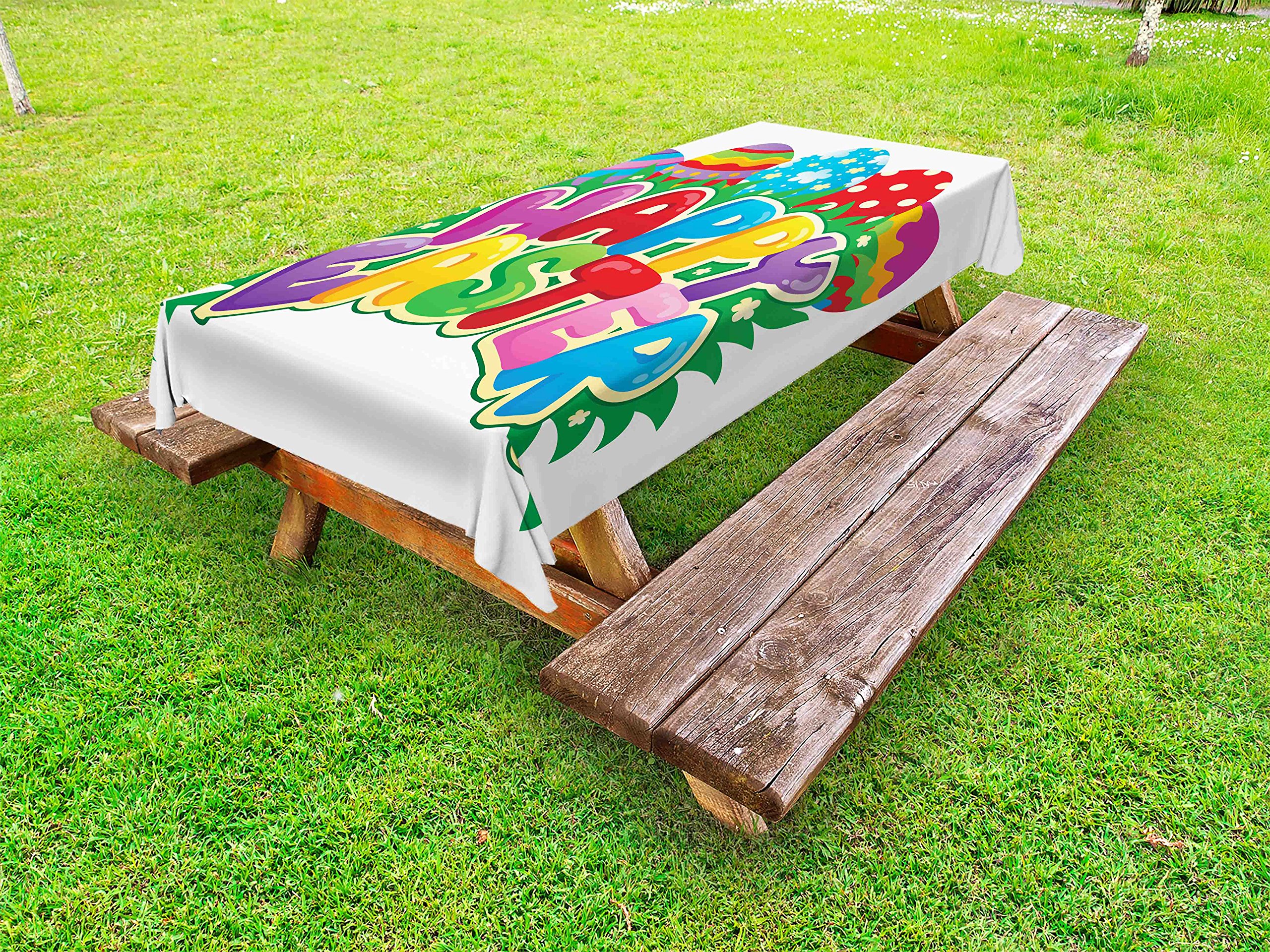 Ambesonne Easter Outdoor Tablecloth - Cartoon Style Decorative Eggs with Polka Dots, Flowers & Stripes - Happy Easter Print Washable Picnic Table Cover 58