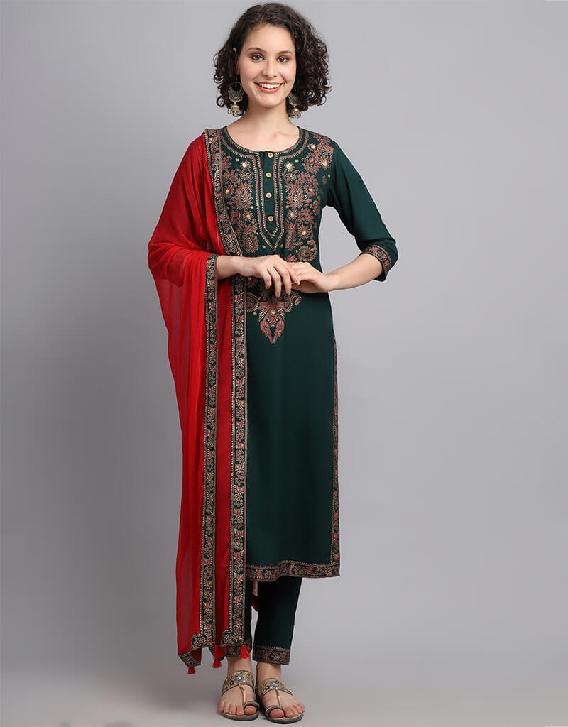 Elegant Bottle Green Viscose Rayon Salwar Suit Pant Set for Women - Comfortable Ethnic Indian Outfit for Festivals, Weddings & Special Occasions