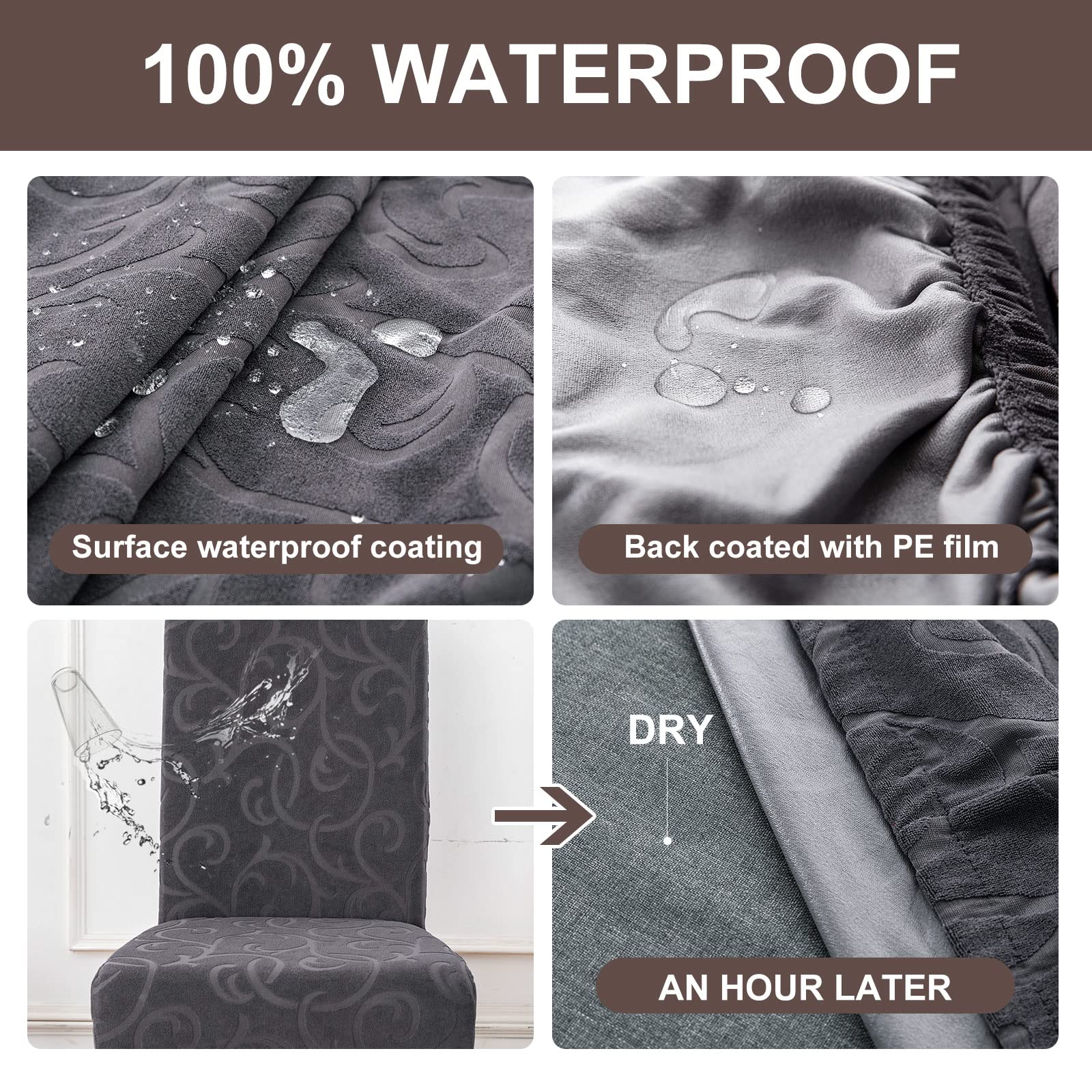 Waterproof Stretch Parsons Chair Slipcovers - 6 Pack Washable Dining Room Chair Covers for Kitchen, Removable & Durable Seat Protectors (Flower Pattern Dark Gray) - Perfect for Home, Restaurant, and Outdoor Use
