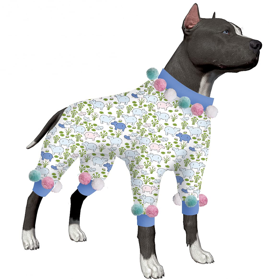 LovinPet Large Dog Pajamas - UV Protection & Post-Surgery Recovery Suit, 4-Legged High Collar Dog Onesie with Stretchable Hippo Lotus Leaf Print - Perfect Base Layer for Dog Dresses | Indoor Comfort & Outdoor Protection for Pets