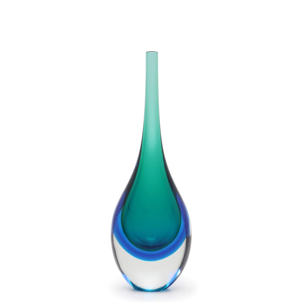 Cá d'Oro Small Drop Glass Vase Bicolor Blue/Green Hand Blown Murano-Style Art Glass Vase - Tall Model for Home Decor, Wedding Centerpiece & Gift Idea