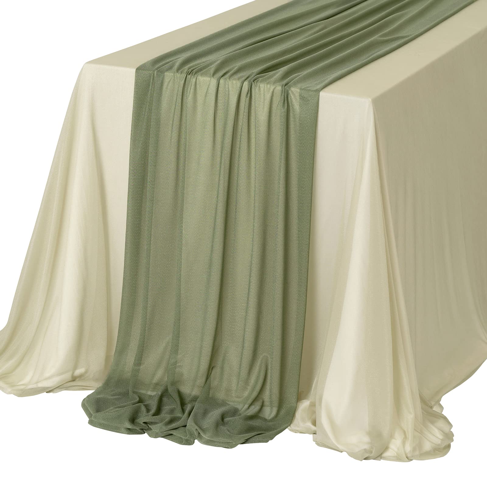 Elegant 3x4ft Rectangle Table Cloth & Runner Set - Chiffon-Like Milky Green & Campsite Green Wedding Table Cover for Reception Head Table, Sweetheart Table, Banquet, and Party Decor