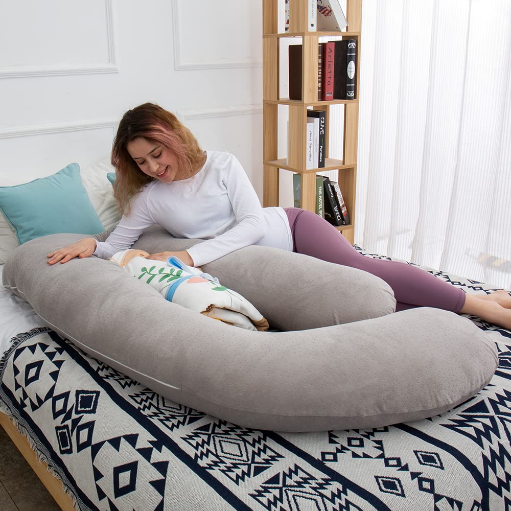 AMCATON 60 Inch Extra Large U-Shaped Pregnancy Pillow for Sleeping - Maternity Body Pillow with Soft Velour Cover (Grey) - Perfect for Pregnant Women, Back Pain Relief & Comfortable Side Sleeping