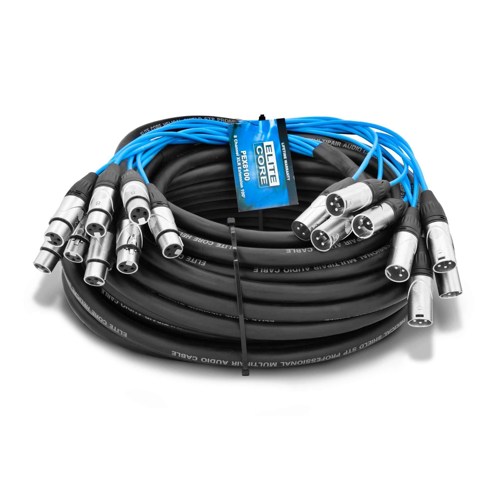 Elite Core PEX8100 | 8-Channel XLR Extension Snake Cable 100ft | Professional Audio Signal Transmission for Live Sound, Studio Recording & Stage Performances