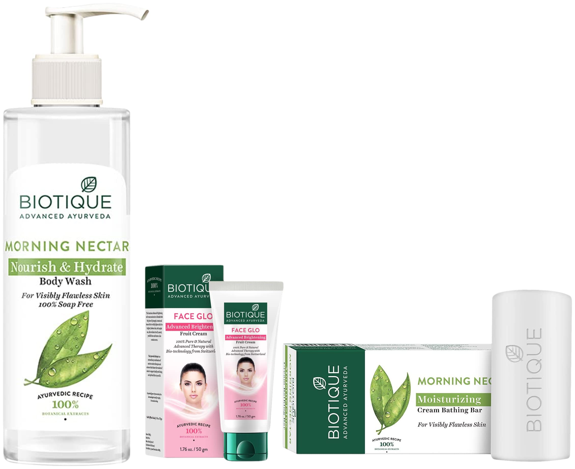 Biotique Morning Nectar Nourishing & Hydrating Body Wash for Flawless Skin (200ml), Face Glo Advanced Brightening Fruit Cream (50g), & Bio Morning Nectar Bathing Bar (150g) - Skincare Set for Daily Hydration & Radiance - Perfect for Morning Routine & Spa Day at Home