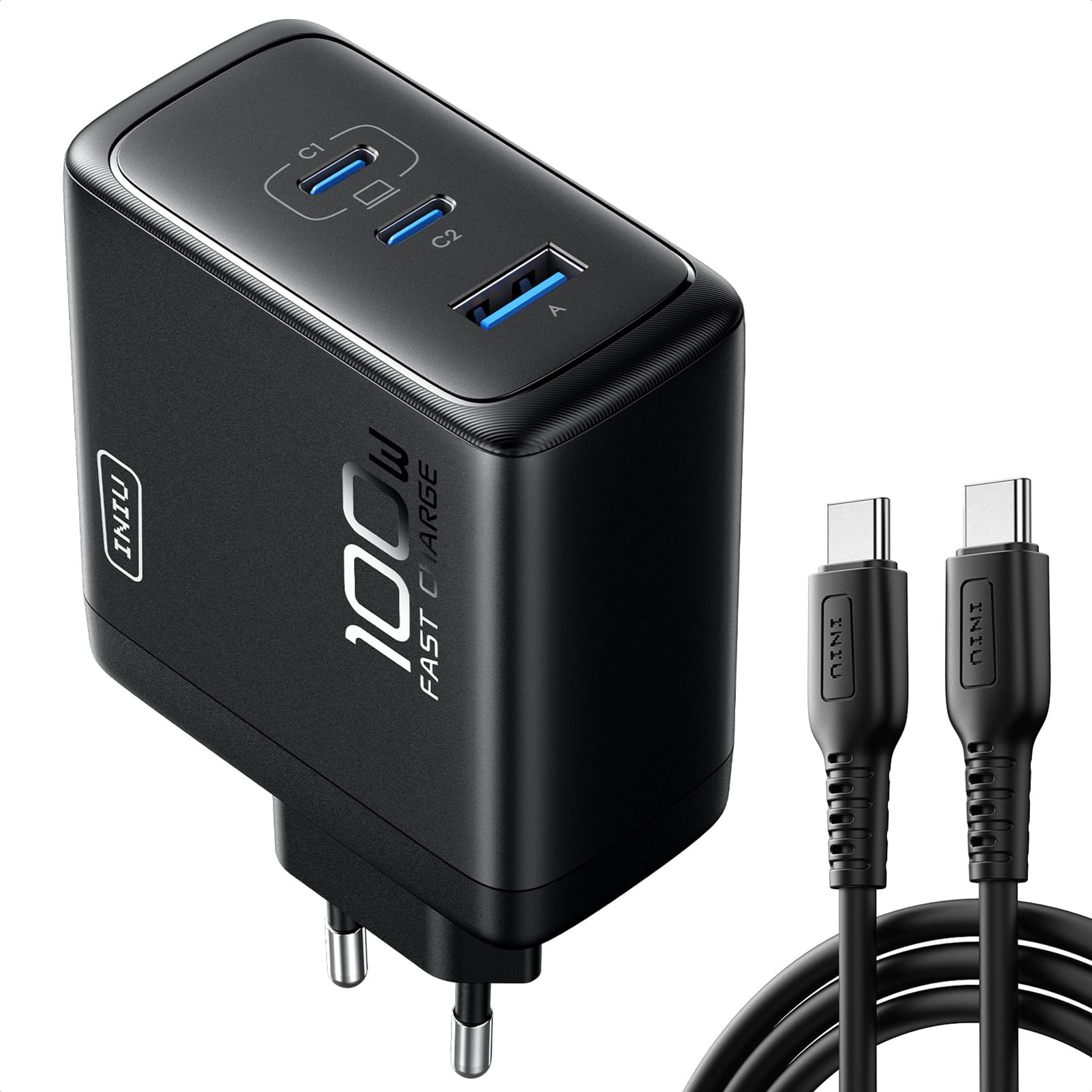 INIU 100W USB C GaN III Fast Charger, 3-Port Compact USB Car Charger with 100W Cable - Compatible with MacBook iPad Pro/Air, iPhone 16/15/14 Pro Max, Samsung S24 Ultra, Tablets & Laptops - Perfect for Travel, Office & Home Charging