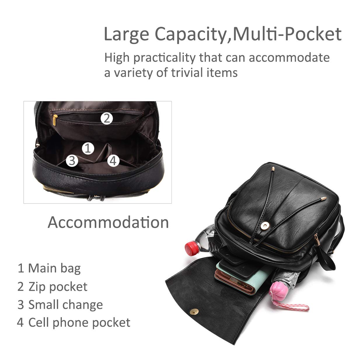 NICOLE&DORIS Women's Fashion Mini Backpack - Faux Leather Shoulder Bag Purse for Ladies & Girls, Black | Perfect for Work, School, Travel & Everyday Use