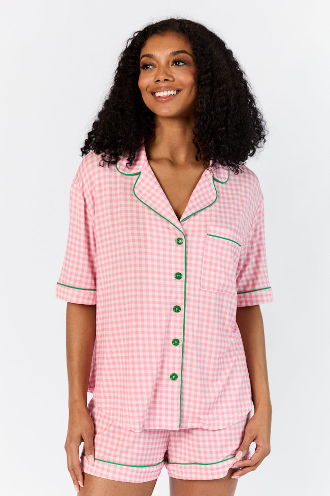 Pink Gingham Short Sleeve Pajama Top for Women - Soft & Comfortable Sleepwear - Perfect for Summer Nights, Loungewear & Vacation Getaways