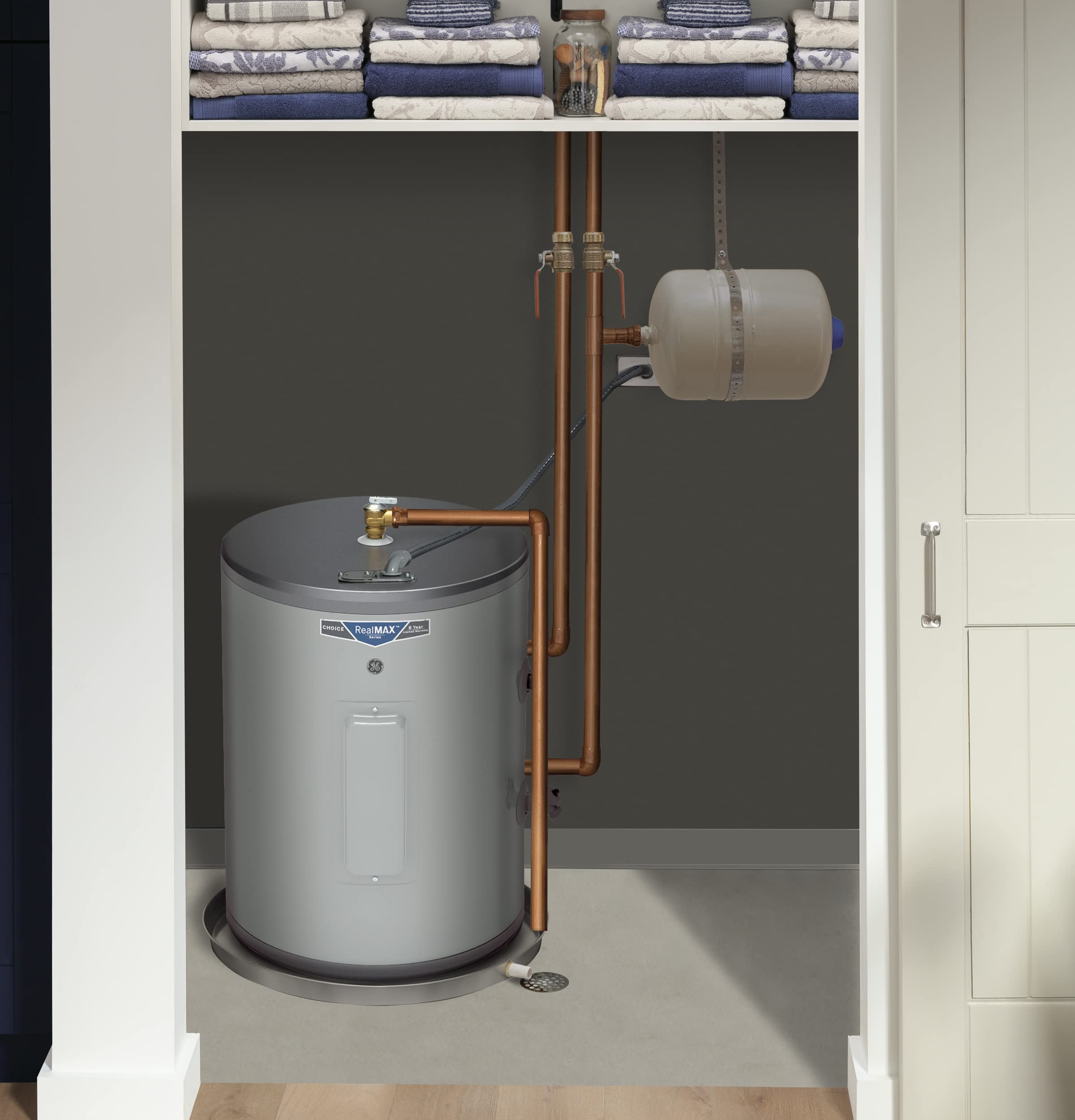 GE Appliances 18 Gallon Electric Water Heater - Adjustable Thermostat & Drain Valve, Side Port Lowboy Design, 240V Point of Use Water Heater for Small Homes, Apartments, and Office Spaces